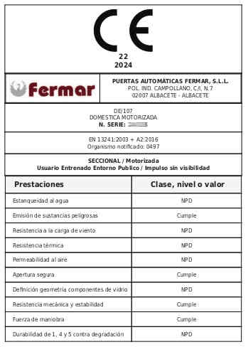 Placa Marcado CE para Puertas Automáticas Fermar Placa Marcado CE para Puertas Automáticas Fermar